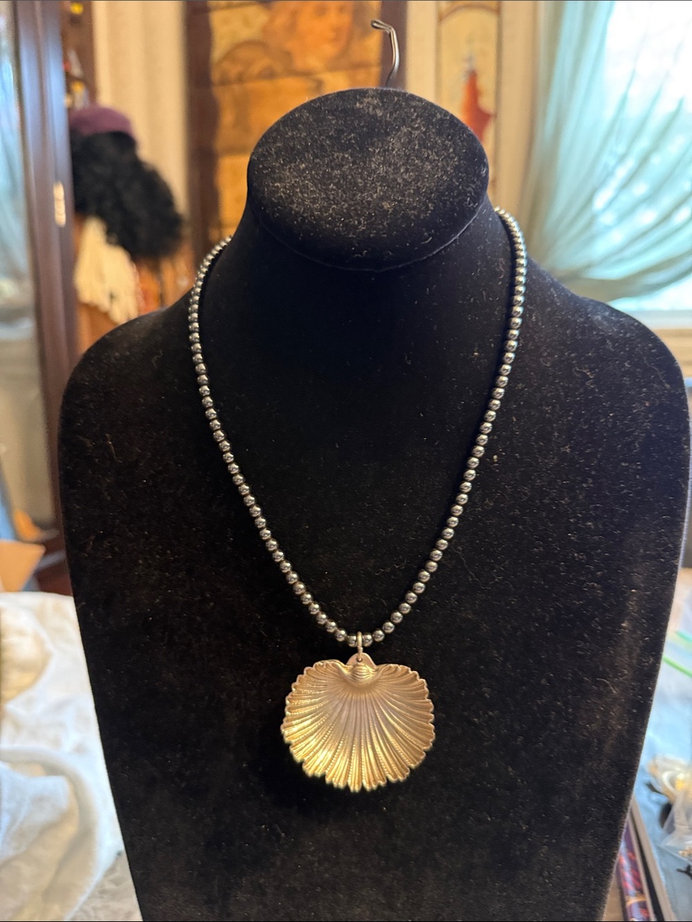 Artisan sterling silver, large shell pendant necklace on genuine hematite beads